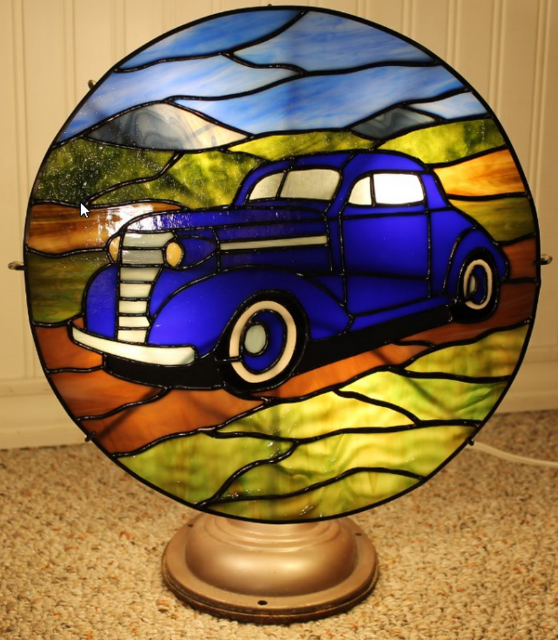 Unique fan lamp with interchangeable disks, 1938 chevy coupe.